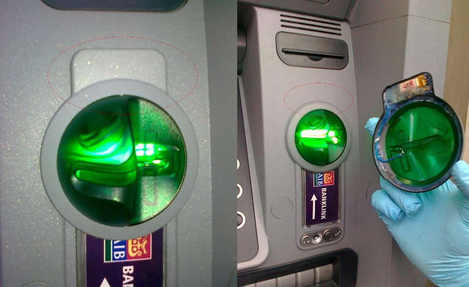 a card skimmer attached to a fuel payment system